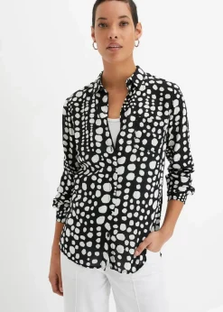 bonprix Blusen & Tuniken|Nachhaltigere Materialien^Bedruckte Longbluse aus nachhaltiger Viskose schwarz/wollweiß gepunktet