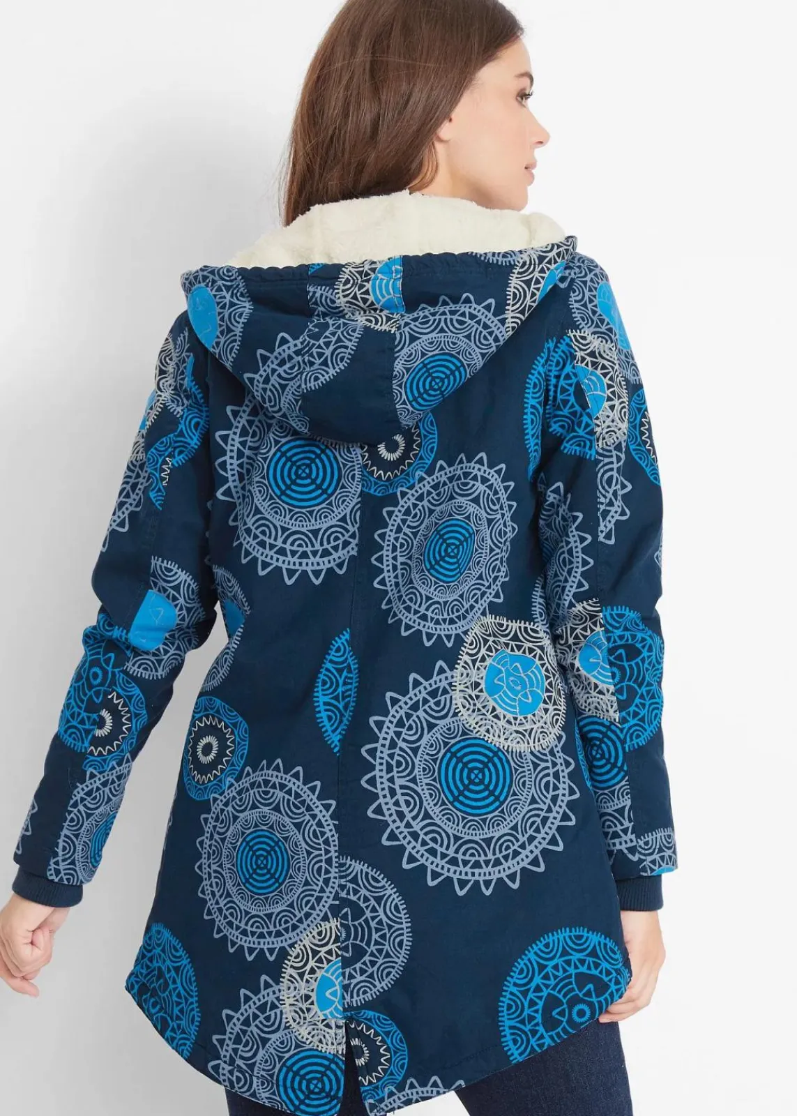 bonprix Jacken & Mäntel|Bekleidung·Hosen^Bedruckter Baumwoll-Parka mit Kapuze dunkelblau bedruckt