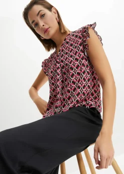 bonprix Bekleidung·Jacken & Mäntel|Blusen & Tuniken^bedrucktes Blusentop schwarz/pink graphisch bedruckt