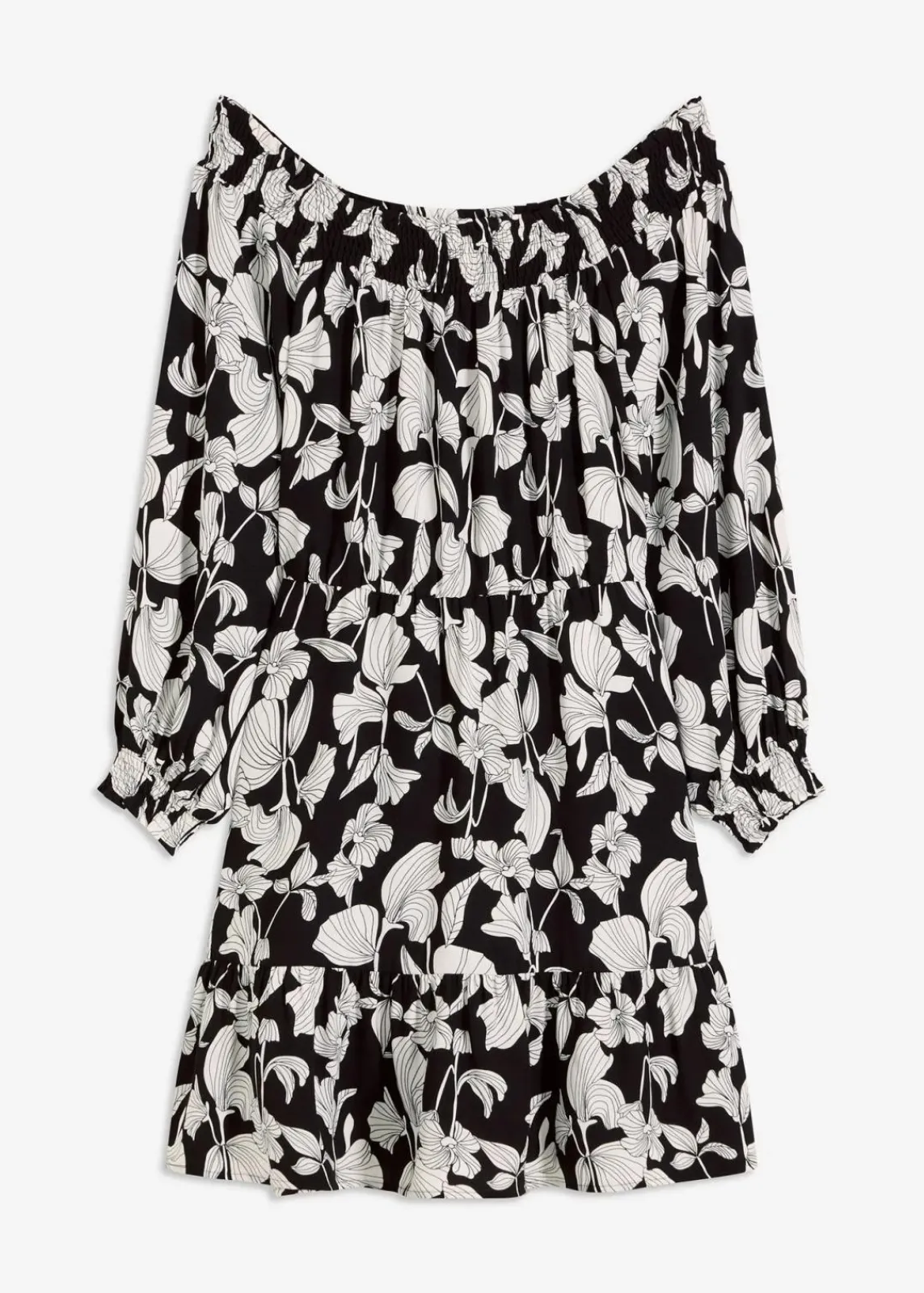 bonprix Nachhaltigere Materialien|Kleider^bedrucktes Carmen-Kleid schwarz/weiß floral