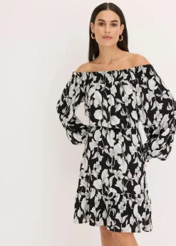 bonprix Nachhaltigere Materialien|Kleider^bedrucktes Carmen-Kleid schwarz/weiß floral