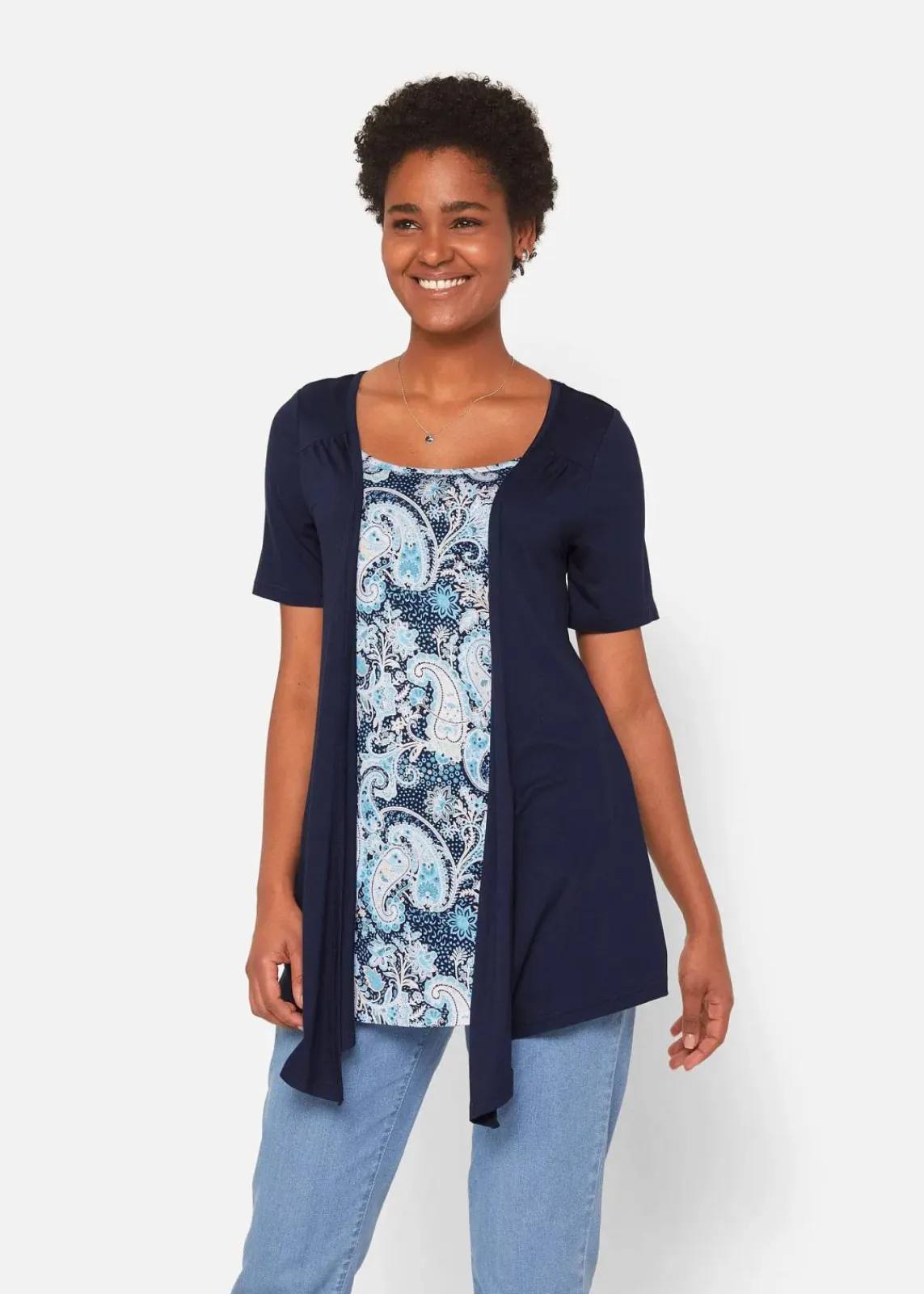 bonprix Shirts & Tops|Nachhaltigere Materialien^Bedrucktes 2in1 Shirt mit Rundhals dunkelblau paisley
