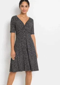 bonprix Bekleidung·Pullover & Strickjacken|Kleider^Bedrucktes Jersey-Kleid mit Drapierung schwarz / weiß graphisch bedruckt