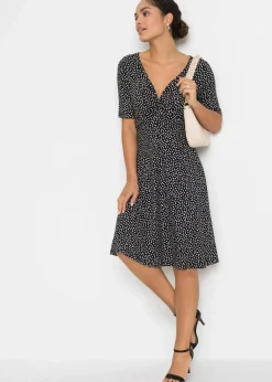 bonprix Bekleidung·Pullover & Strickjacken|Kleider^Bedrucktes Jersey-Kleid mit Drapierung schwarz / weiß graphisch bedruckt