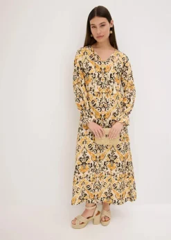 bonprix Nachhaltigere Materialien|Kleider^bedrucktes Kaftan-Kleid aus fließender Viskose wollweiß/ocker bedruckt