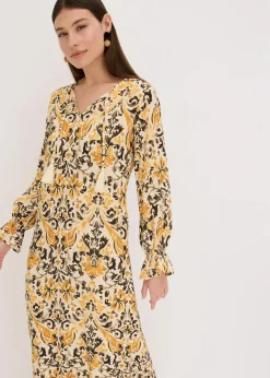 bonprix Nachhaltigere Materialien|Kleider^bedrucktes Kaftan-Kleid aus fließender Viskose wollweiß/ocker bedruckt