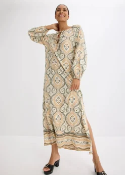 bonprix Bekleidung·Pullover & Strickjacken|Nachhaltigere Materialien^bedrucktes Kaftan-Kleid aus fließender Viskose sand bedruckt