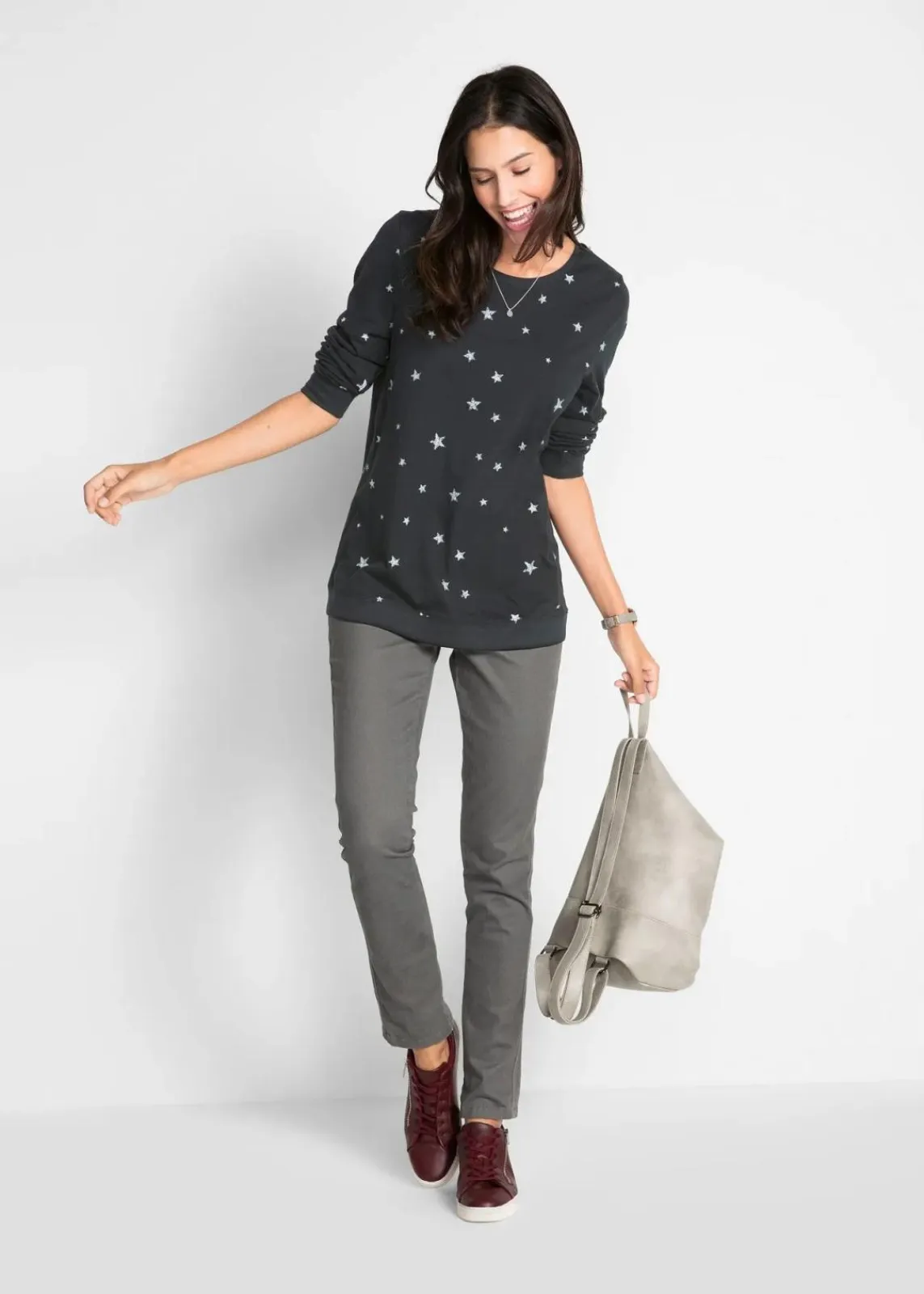 bonprix Shirts & Tops^Bedrucktes Langarmshirt aus Baumwolle schwarz bedruckt