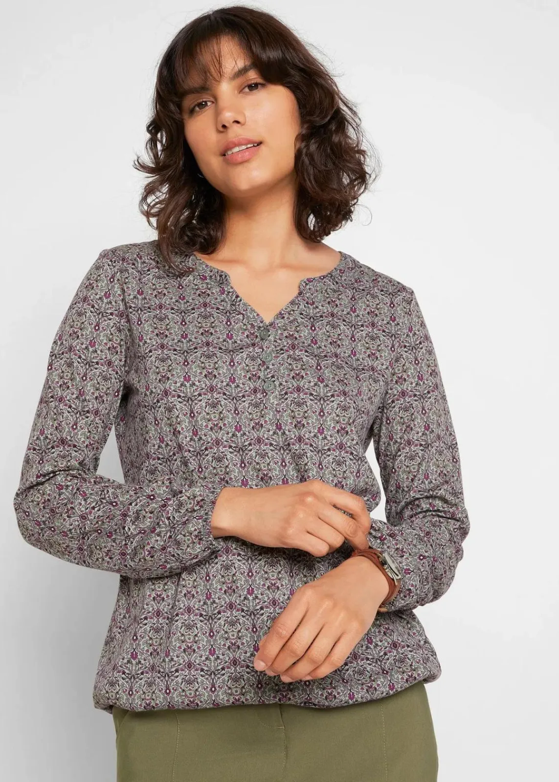 bonprix Shirts & Tops^Bedrucktes Langarmshirt mit Henley-Kragen rauchgrün