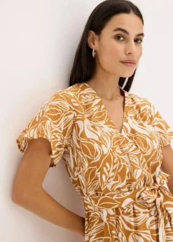bonprix Nachhaltigere Materialien|Kleider^bedrucktes Maxikleid aus Viskose-Mix wollweiß/hellbraun floral