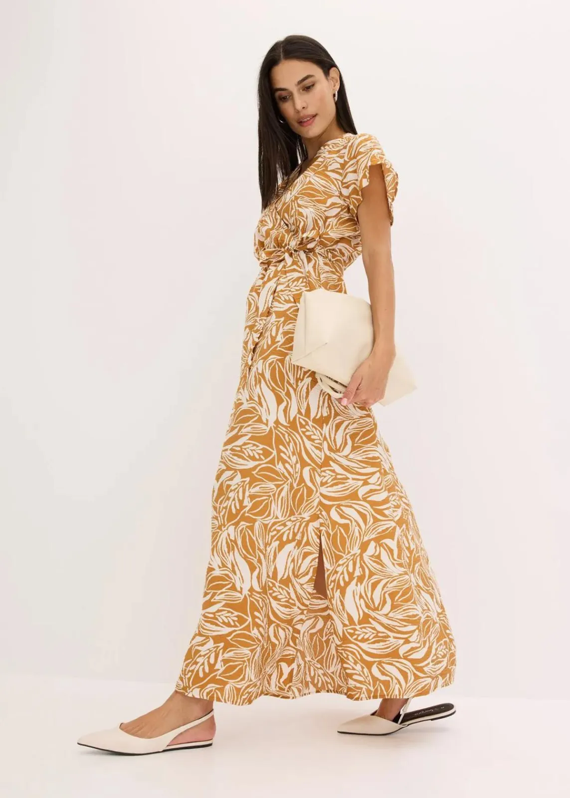 bonprix Nachhaltigere Materialien|Kleider^bedrucktes Maxikleid aus Viskose-Mix wollweiß/hellbraun floral