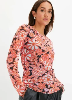 bonprix Shirts & Tops^bedrucktes Mesh-Langarmshirt schwarz/pink geblümt