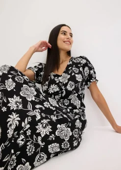 bonprix Bekleidung·Pullover & Strickjacken|Kleider^bedrucktes Midikleid schwarz/weiß geblümt