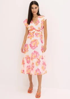 bonprix Bekleidung·Pullover & Strickjacken|Kleider^bedrucktes Midikleid weiß/pink floral