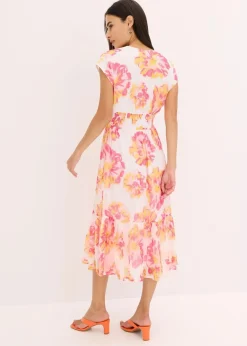 bonprix Bekleidung·Pullover & Strickjacken|Kleider^bedrucktes Midikleid weiß/pink floral