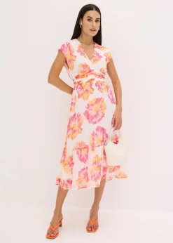 bonprix Bekleidung·Pullover & Strickjacken|Kleider^bedrucktes Midikleid weiß/pink floral
