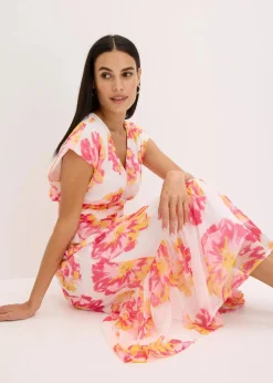 bonprix Bekleidung·Pullover & Strickjacken|Kleider^bedrucktes Midikleid weiß/pink floral