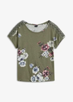 bonprix Shirts & Tops^Bedrucktes Shirt mit Spitze oliv geblümt