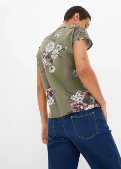 bonprix Shirts & Tops^Bedrucktes Shirt mit Spitze oliv geblümt