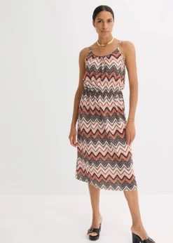 bonprix Nachhaltigere Materialien|Kleider^bedrucktes Trägerkleid wollweiß/braun bedruckt