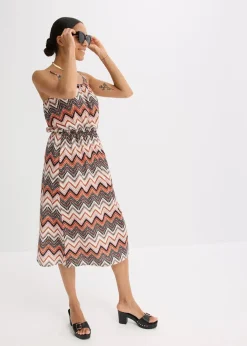 bonprix Nachhaltigere Materialien|Kleider^bedrucktes Trägerkleid wollweiß/braun bedruckt