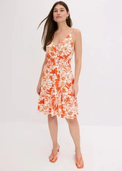 bonprix Bekleidung·Pullover & Strickjacken|Kleider^bedrucktes Trägerkleid aus softem Viskose-Mix orange/weiß geblümt