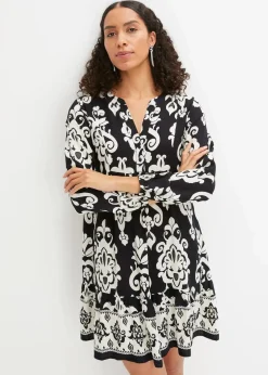 bonprix Bekleidung·Pullover & Strickjacken|Kleider^bedrucktes Tunika-Kleid schwarz/wollweiß bedruckt