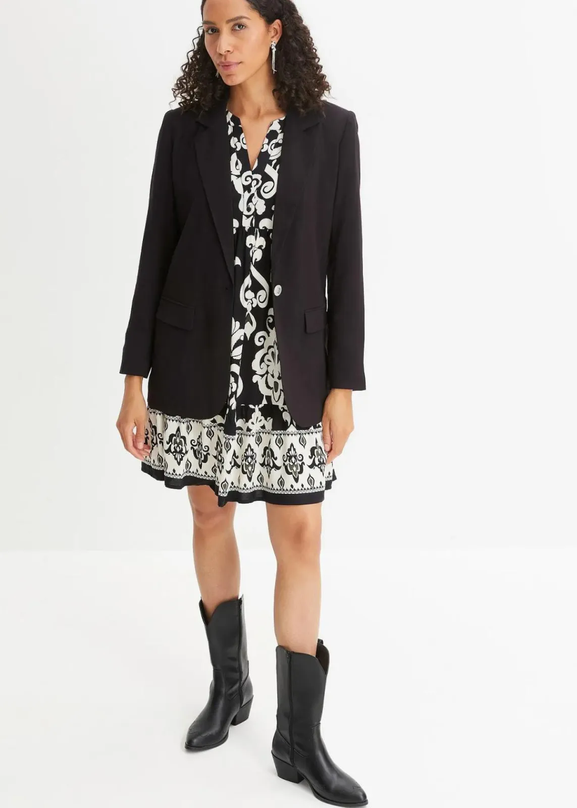 bonprix Bekleidung·Pullover & Strickjacken|Kleider^bedrucktes Tunika-Kleid schwarz/wollweiß bedruckt
