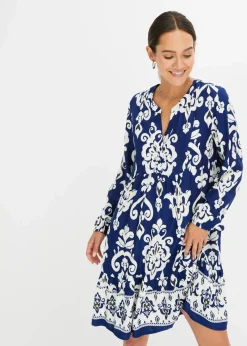 bonprix Kleider|Bekleidung·Pullover & Strickjacken^bedrucktes Tunika-Kleid mitternachtsblau/wollweiß bedruckt