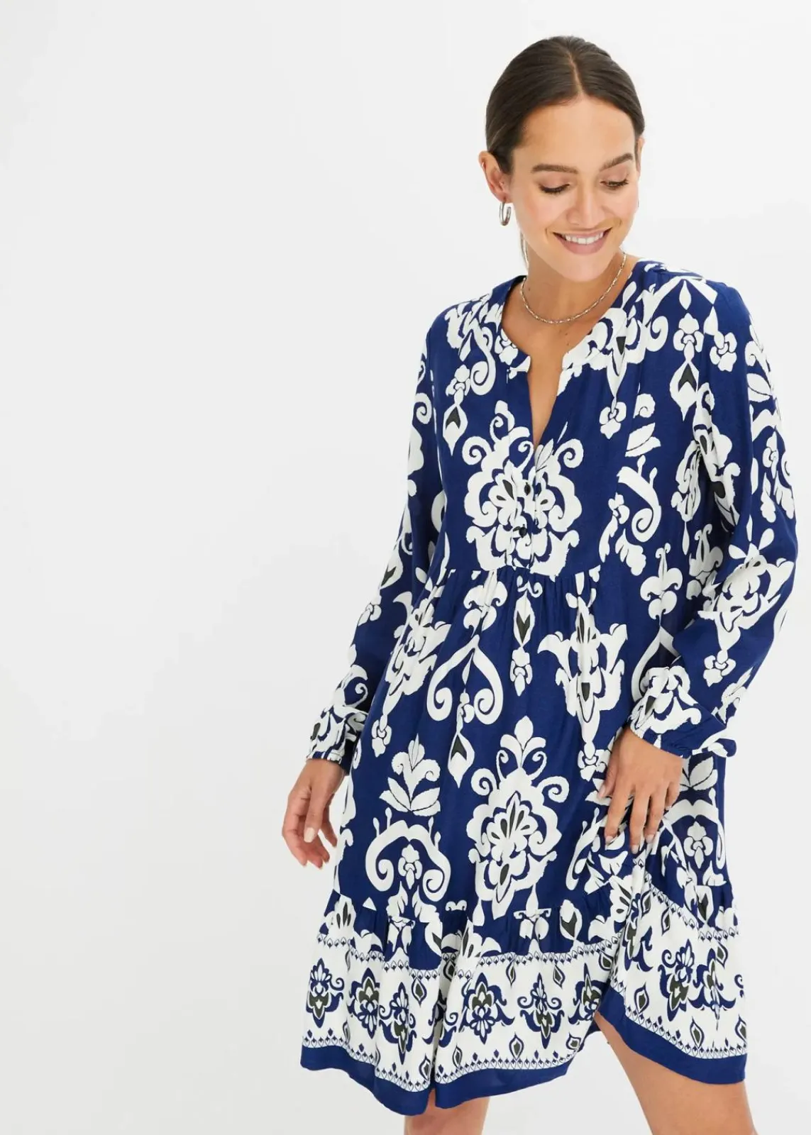 bonprix Kleider|Bekleidung·Pullover & Strickjacken^bedrucktes Tunika-Kleid mitternachtsblau/wollweiß bedruckt