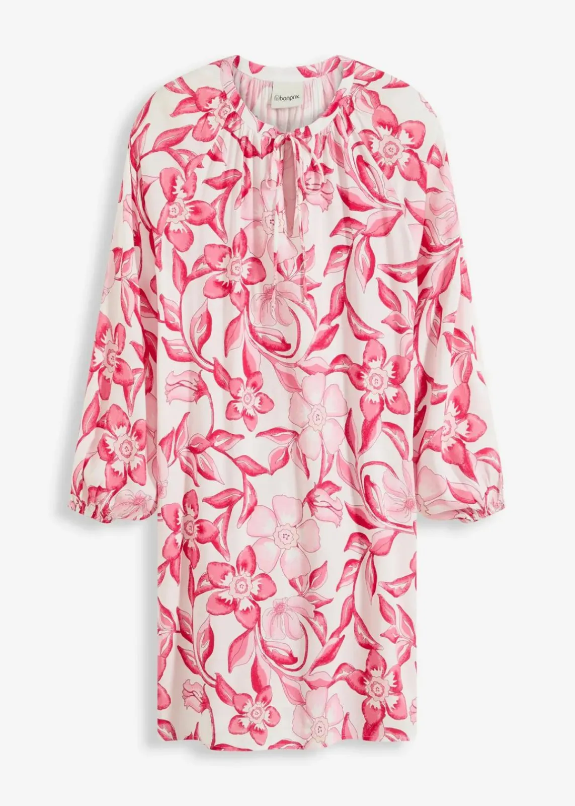 bonprix Bekleidung·Pullover & Strickjacken|Nachhaltigere Materialien^bedrucktes Tunika-Kleid aus fließender Viskose wollweiß/pink floral