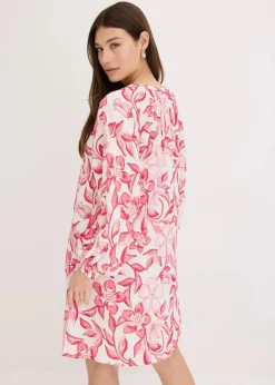 bonprix Bekleidung·Pullover & Strickjacken|Nachhaltigere Materialien^bedrucktes Tunika-Kleid aus fließender Viskose wollweiß/pink floral