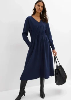 bonprix Kleider|Bekleidung·Pullover & Strickjacken^Bequemes Kleid mit Zierfalten aus Viskose-Mix dunkelblau