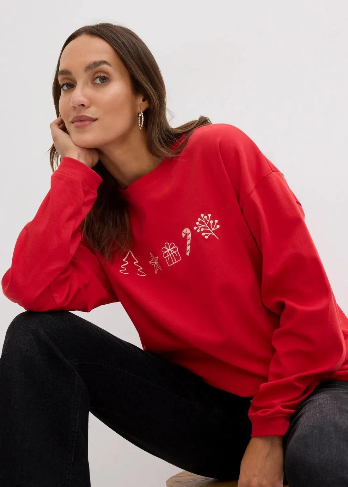 bonprix Shirts & Tops^Besticktes Weihnachts-Langarmshirt, oversized salsarot