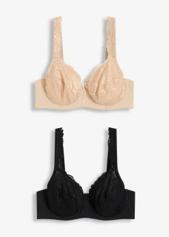 bonprix Wäsche·Dessous|Wäsche·Große Cups D-H^Bügel-BH mit zarter Spitze (2er Pack) kreidebeige/schwarz