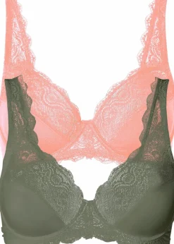 bonprix Große Cups D-H|Nachhaltigere Materialien^Bügel-BH mit zarter Spitze (2er Pack) lachsrosa + oliv