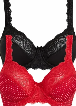 bonprix Große Cups D-H|Nachhaltigere Materialien^Bügel-BH mit zarter Spitze (2er Pack) tiefrot/weiß gepunktet+schwarz