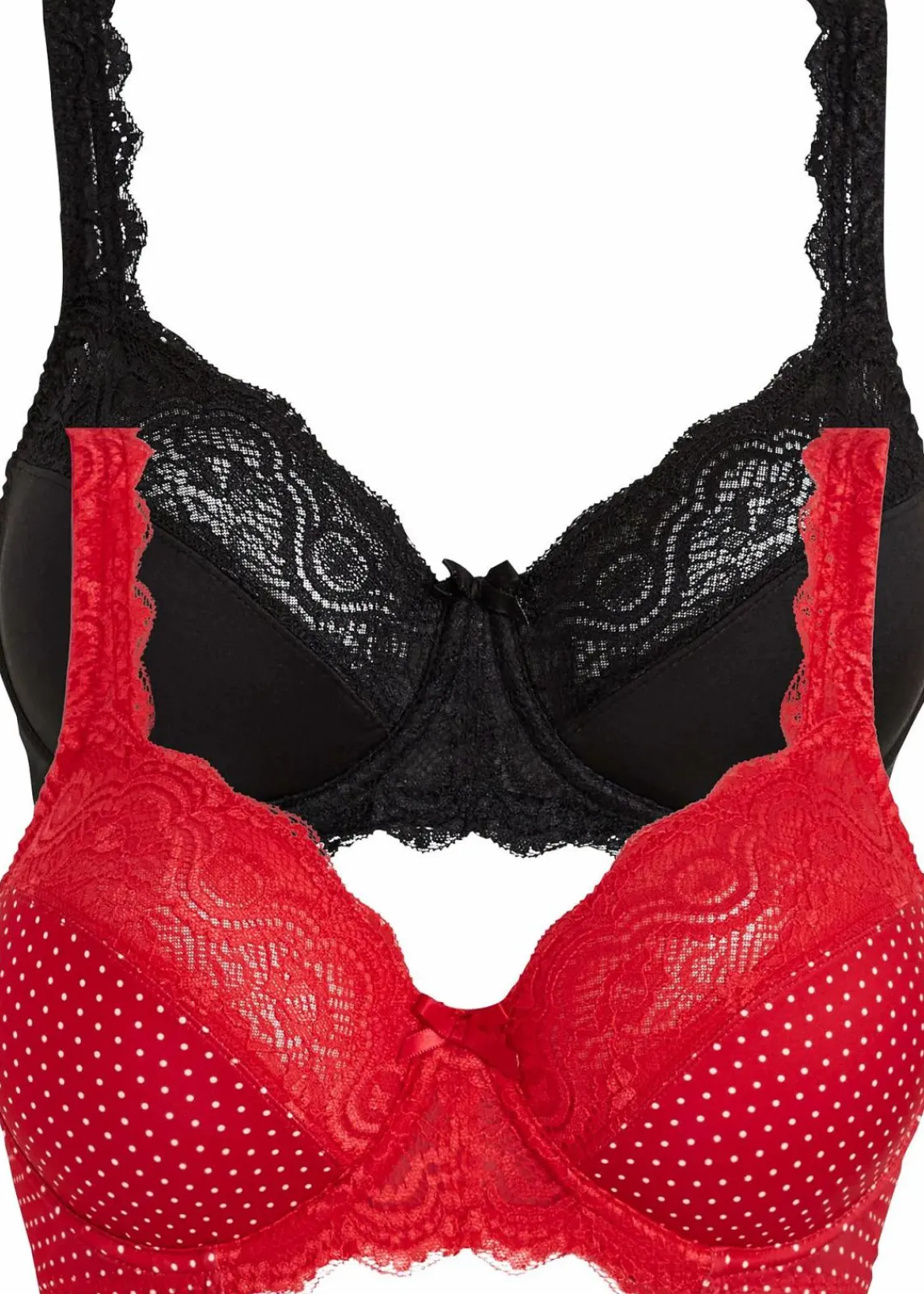bonprix Große Cups D-H|Nachhaltigere Materialien^Bügel-BH mit zarter Spitze (2er Pack) tiefrot/weiß gepunktet+schwarz