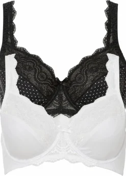 bonprix Große Cups D-H|Nachhaltigere Materialien^Bügel-BH mit zarter Spitze (2er Pack) schwarz gepunktet+wollweiß
