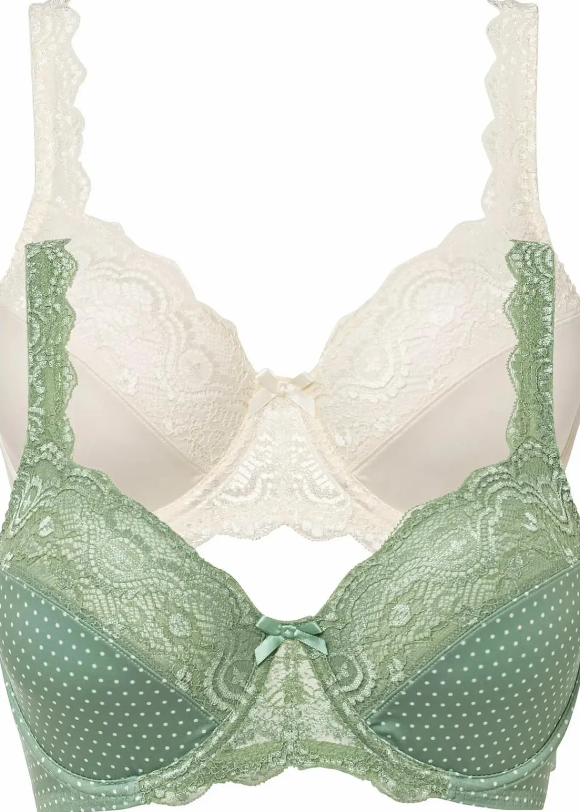 bonprix Große Cups D-H|Nachhaltigere Materialien^Bügel-BH mit zarter Spitze (2er Pack) piniengrün gepunktet+champagner