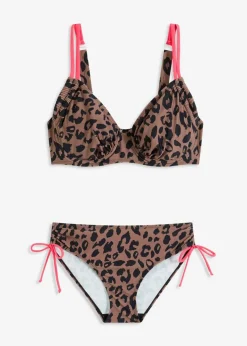 bonprix Große Cups D-F|Nachhaltigere Materialien^Bügel-Bikini mit Bindebändern (2-tlg.Set) beige/schwarz leo bedruckt