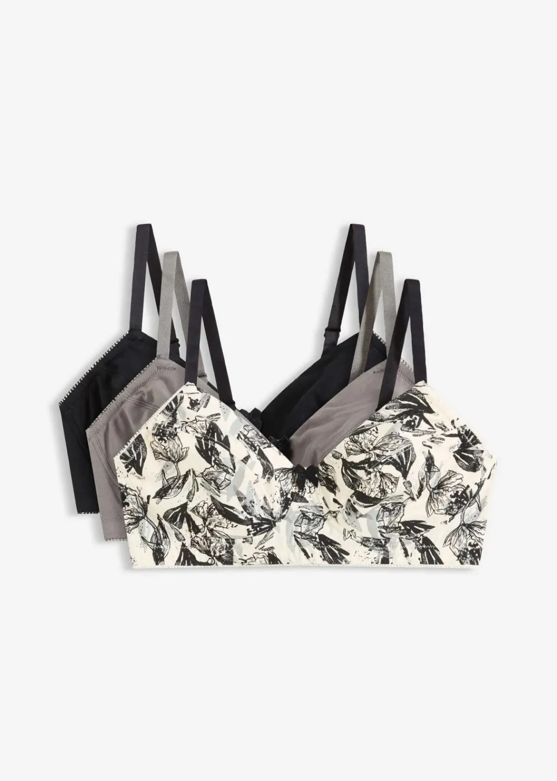 bonprix Große Cups D-H|Nachhaltigere Materialien^BH (3er Pack) naturbeige/schwarz geblümt+schwarz+granitgrau