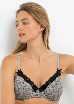 bonprix Große Cups D-H|Nachhaltigere Materialien^BH mit Bügel mit Bio-Baumwolle (3er Pack) schwarz/hellgrau meliert geblümt + schwarz + hellgrau meliert