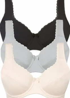 bonprix Große Cups D-H|Bhs^BH mit Bügel mit weicher Bio-Baumwolle (3er Pack) schwarz + cremerosa + mattsilber