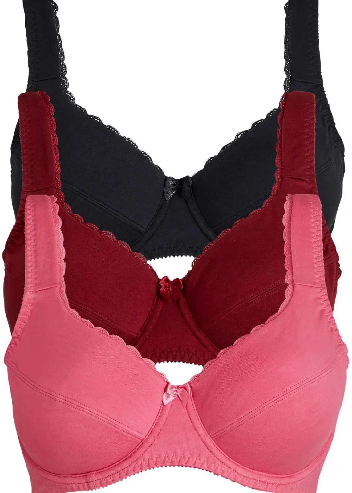 bonprix Große Cups D-H|Bhs^BH mit Bügel mit weicher Bio-Baumwolle (3er Pack) schwarz + rhododendronrot + flamingopink