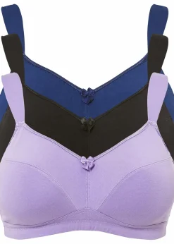 bonprix Große Cups D-H|Bhs^BH ohne Bügel mit Baumwolle (3er Pack) helllila + schwarz + mitternachtsblau