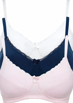 bonprix Wäsche·Basics|Wäsche·Baumwollunterwäsche^BH ohne Bügel mit Baumwolle (3er Pack) hellrosa + dunkelblau + ecru