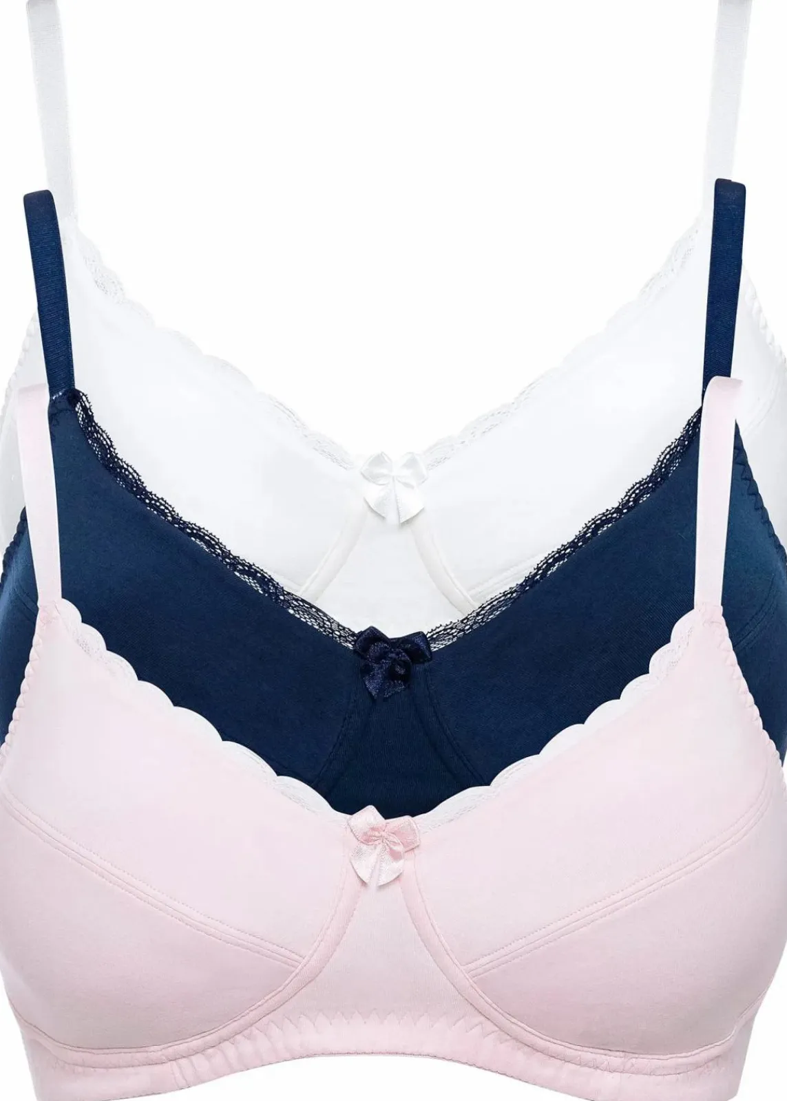 bonprix Wäsche·Basics|Wäsche·Baumwollunterwäsche^BH ohne Bügel mit Baumwolle (3er Pack) hellrosa + dunkelblau + ecru