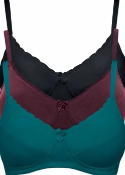 bonprix Große Cups D-H|Bhs^BH ohne Bügel mit Baumwolle (3er Pack) schwarz + weinrot + kobalttürkis