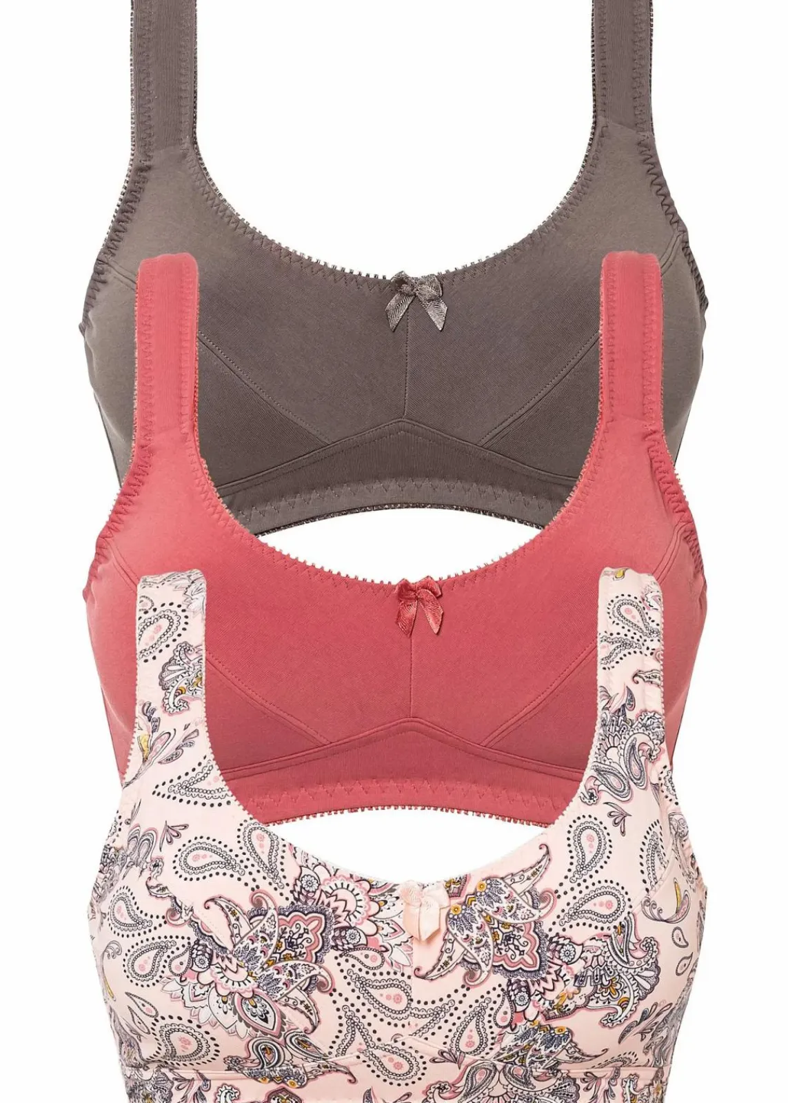 bonprix Große Cups D-H|Nachhaltigere Materialien^BH ohne Bügel mit Bio-Baumwolle (3er Pack) pfirsich paisley + rhabarber + mittelbraun